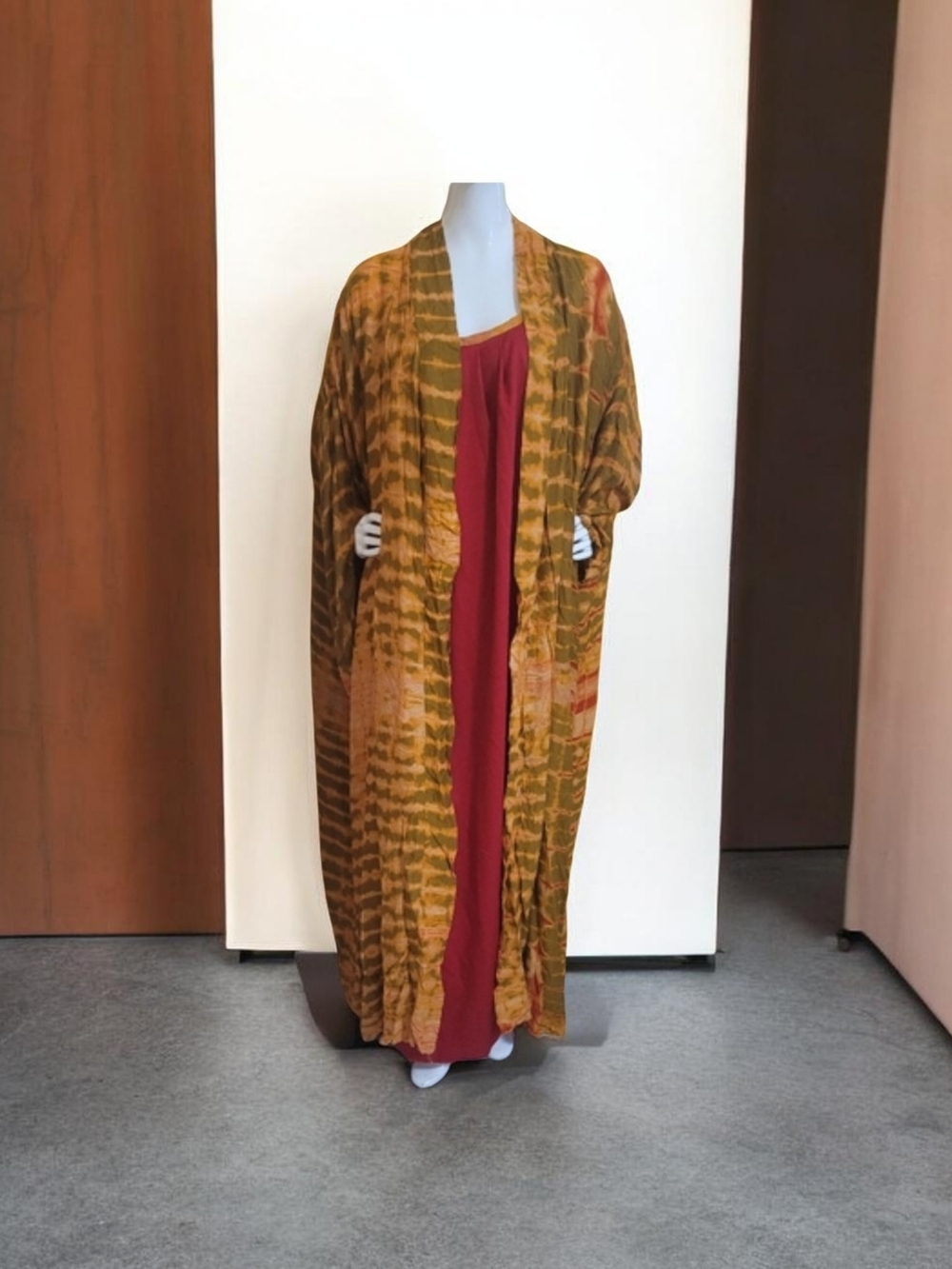 Long Tie-Dye Duster Coatigan in Mustard and Olive